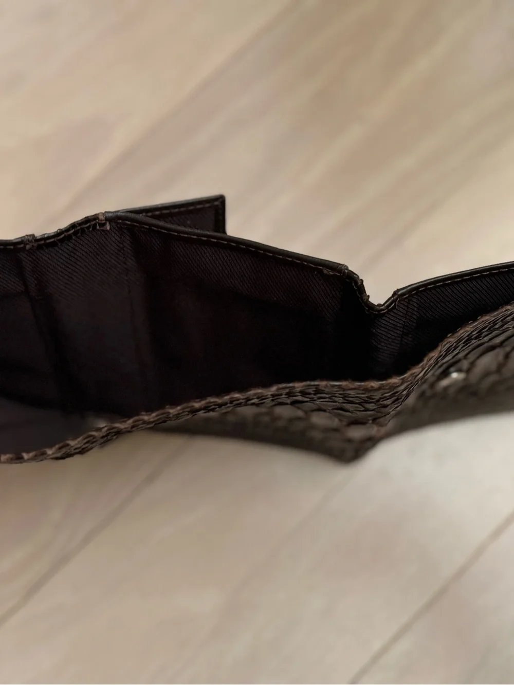 Dark Brown Python  Trifold Wallet with Textured Panels, handmade in Italy, new